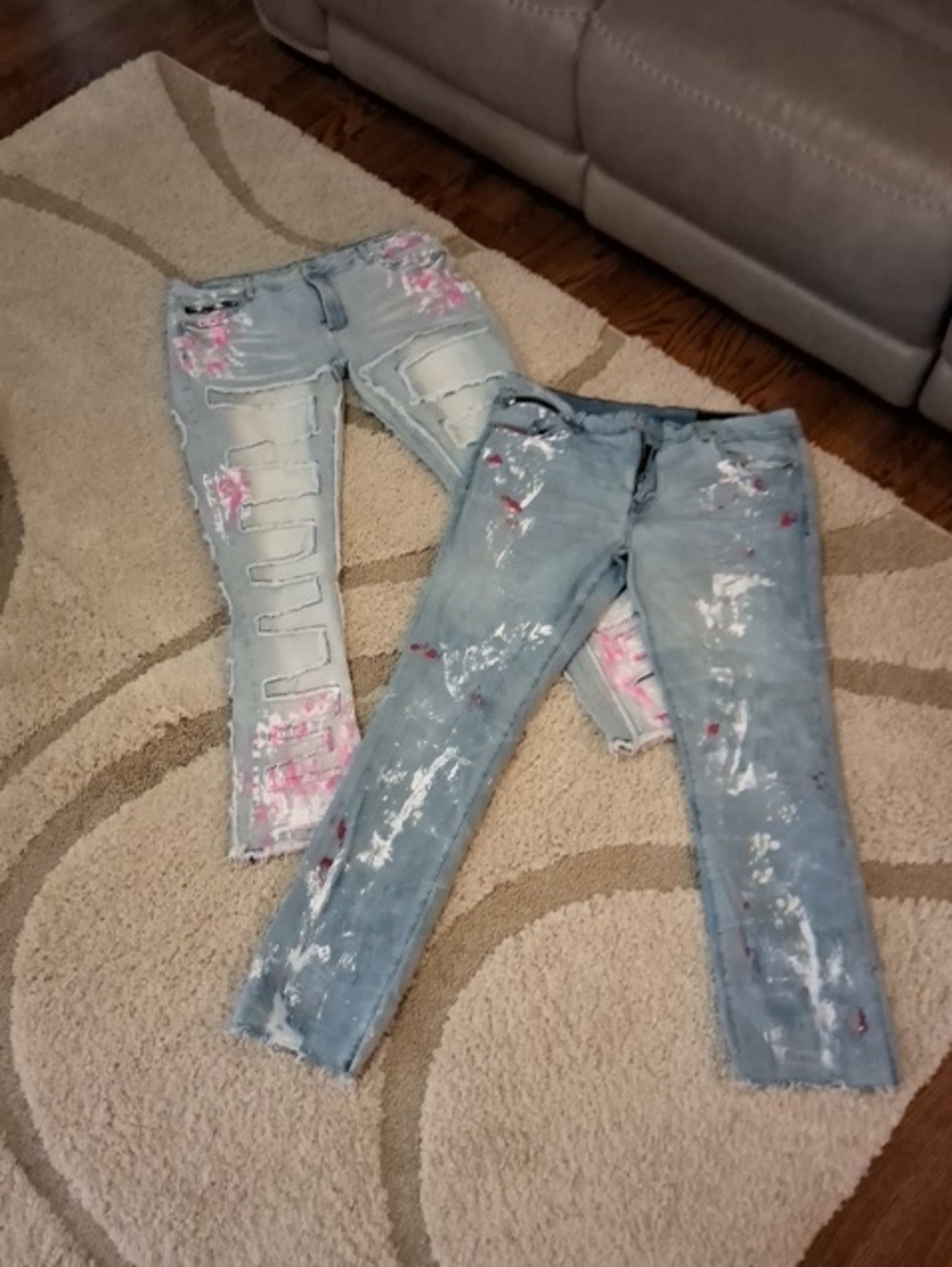 2 Pair Slim Light Wash Men’s Jeans with Pink/white,  Red/white Paint Accents